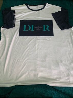 Dior White Tee with Navy Panels and Teal Logo. 3 or 4x.